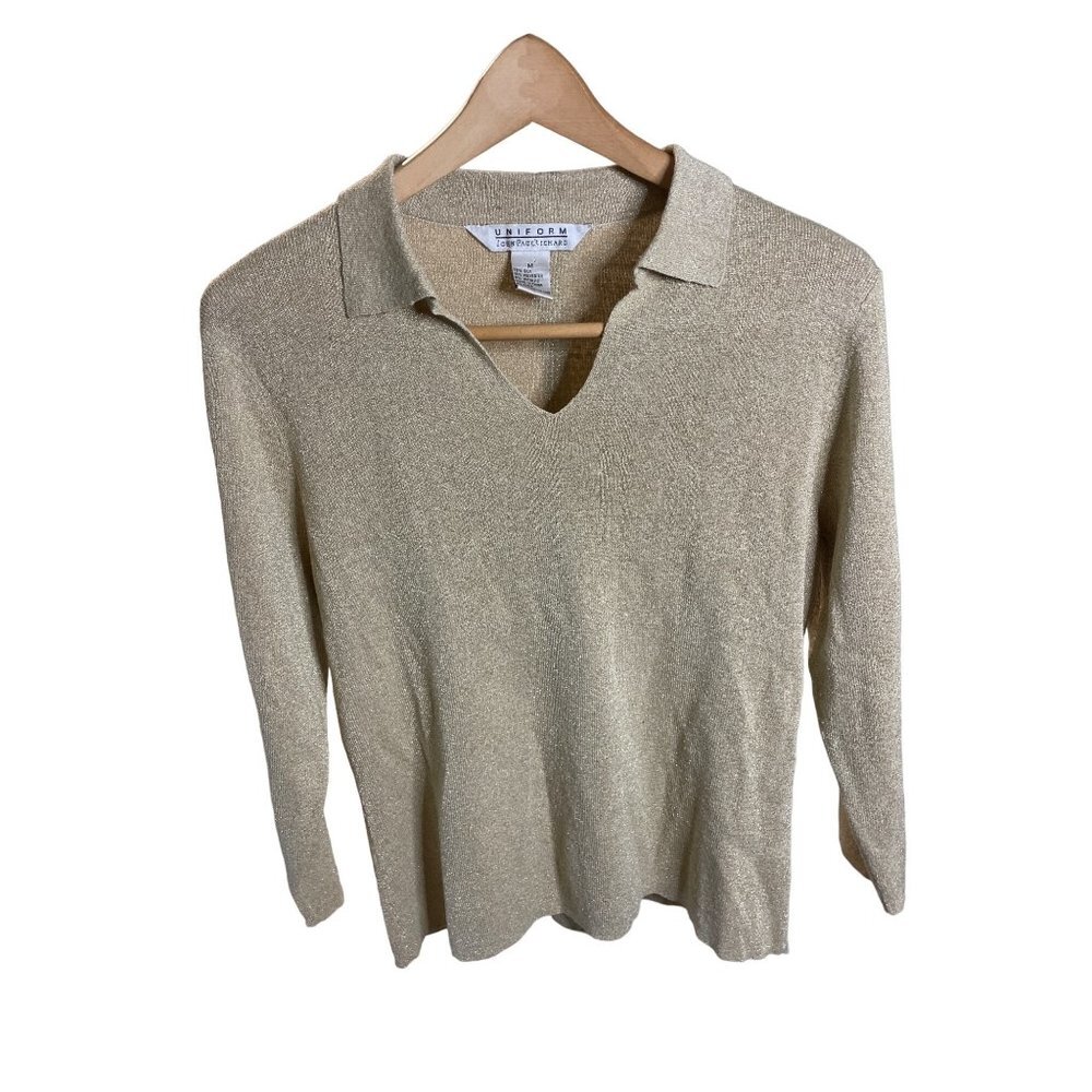 Vintage 90s John Paul Richard Gold Metallic Collared Pullover Silk Blend Top